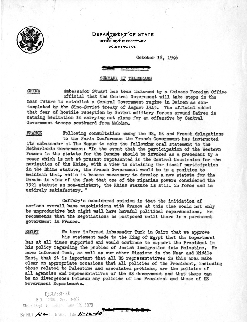 Memorandum, Department of State Summary of Telegrams