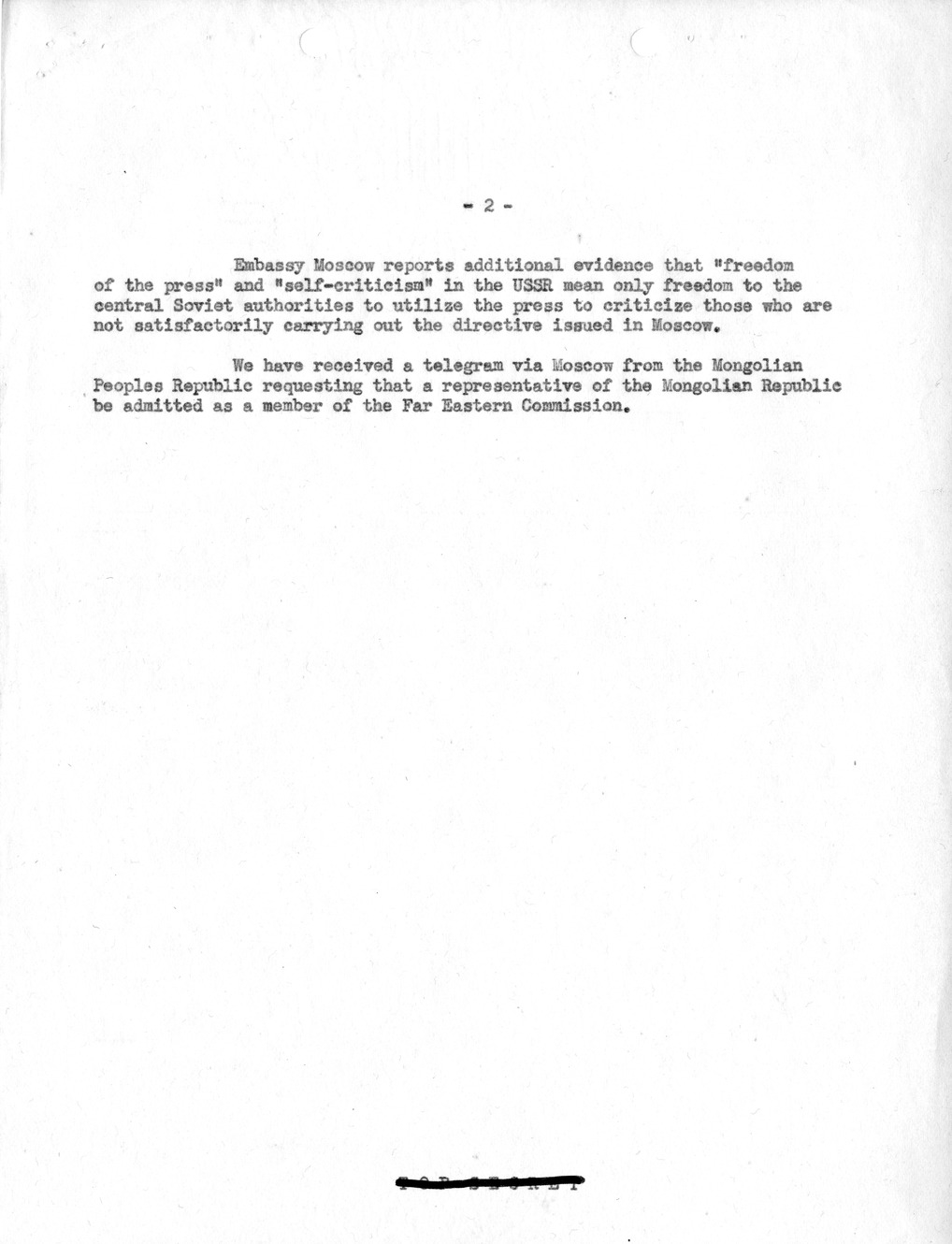 Memorandum, Department of State Summary of Telegrams