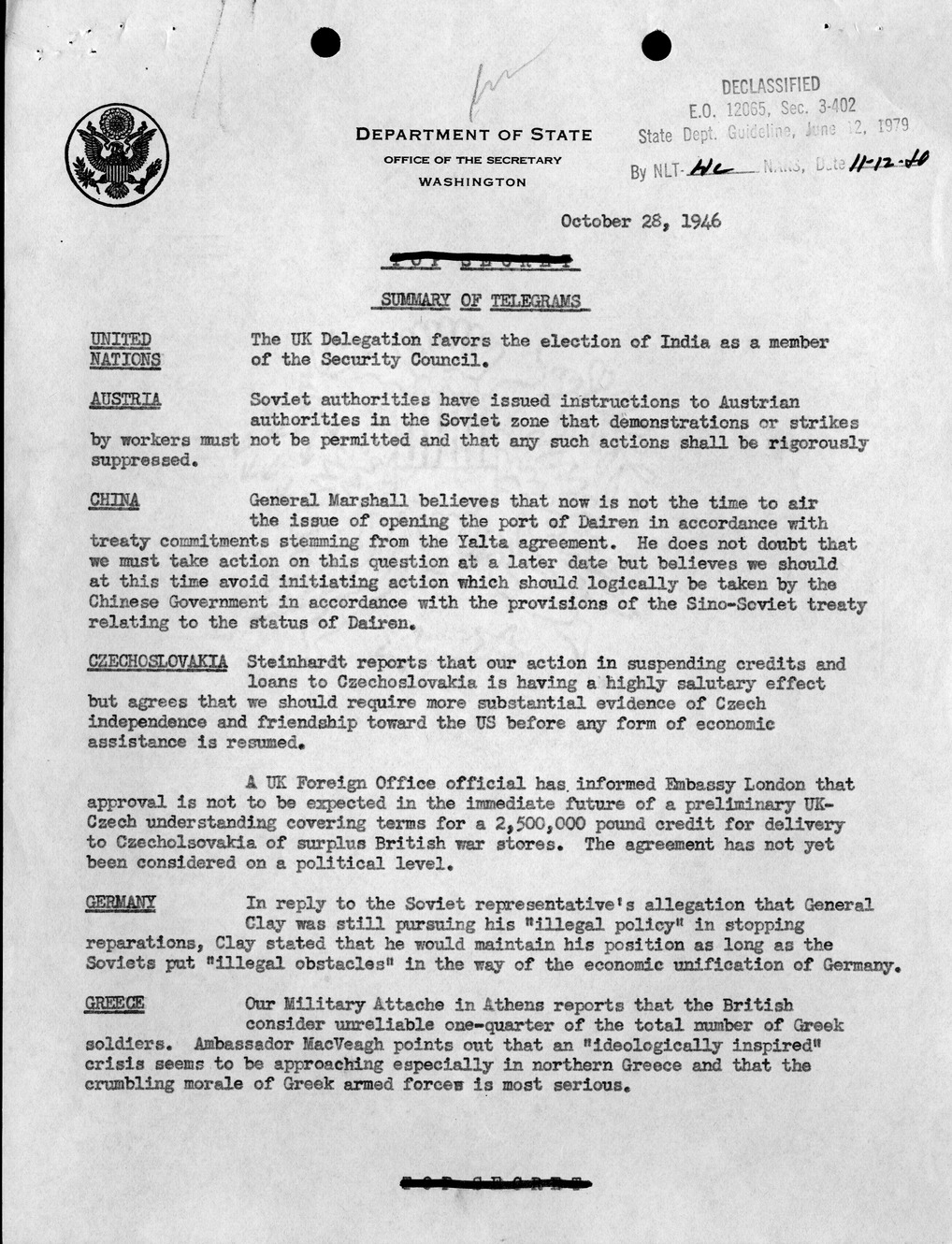 Memorandum, Department of State Summary of Telegrams
