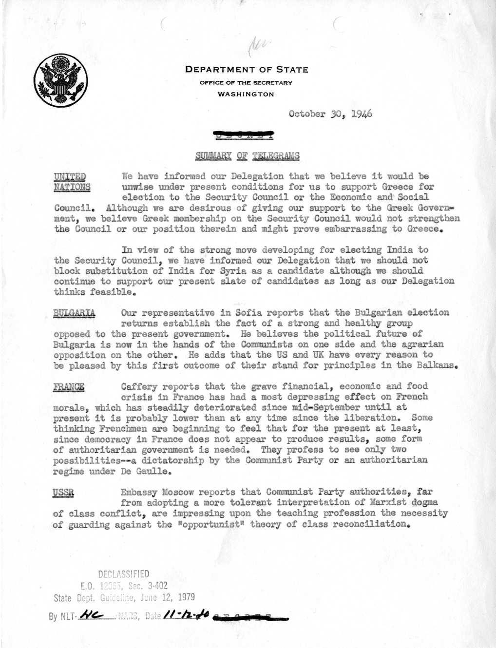Memorandum, Department of State Summary of Telegrams