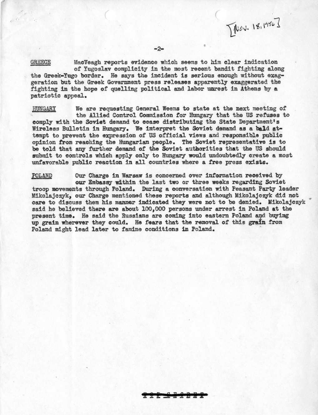 Memorandum, Department of State Summary of Telegrams