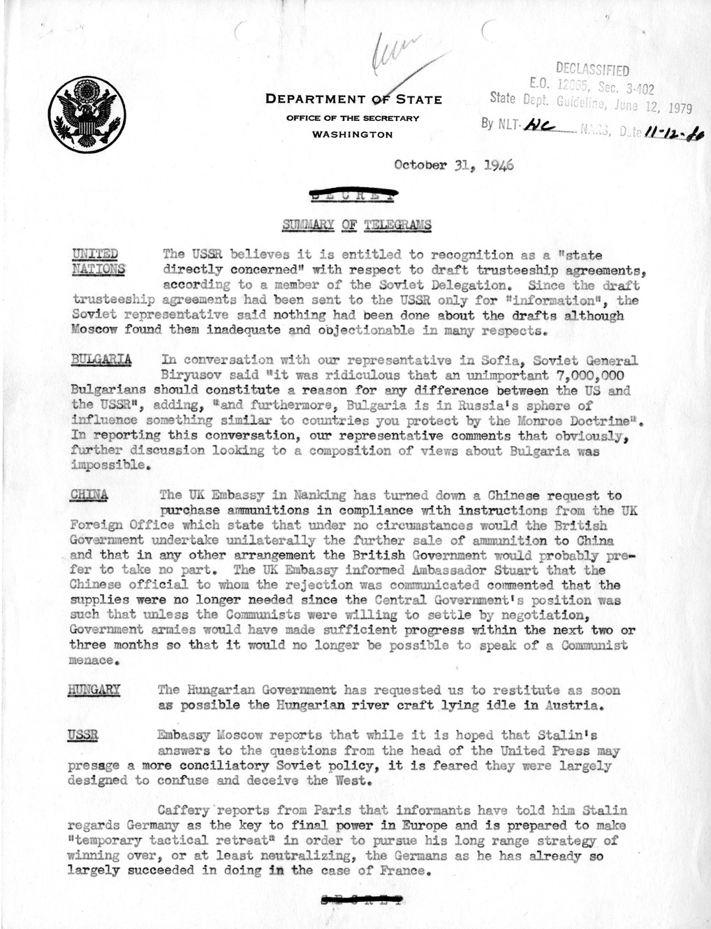 Memorandum, Department of State Summary of Telegrams