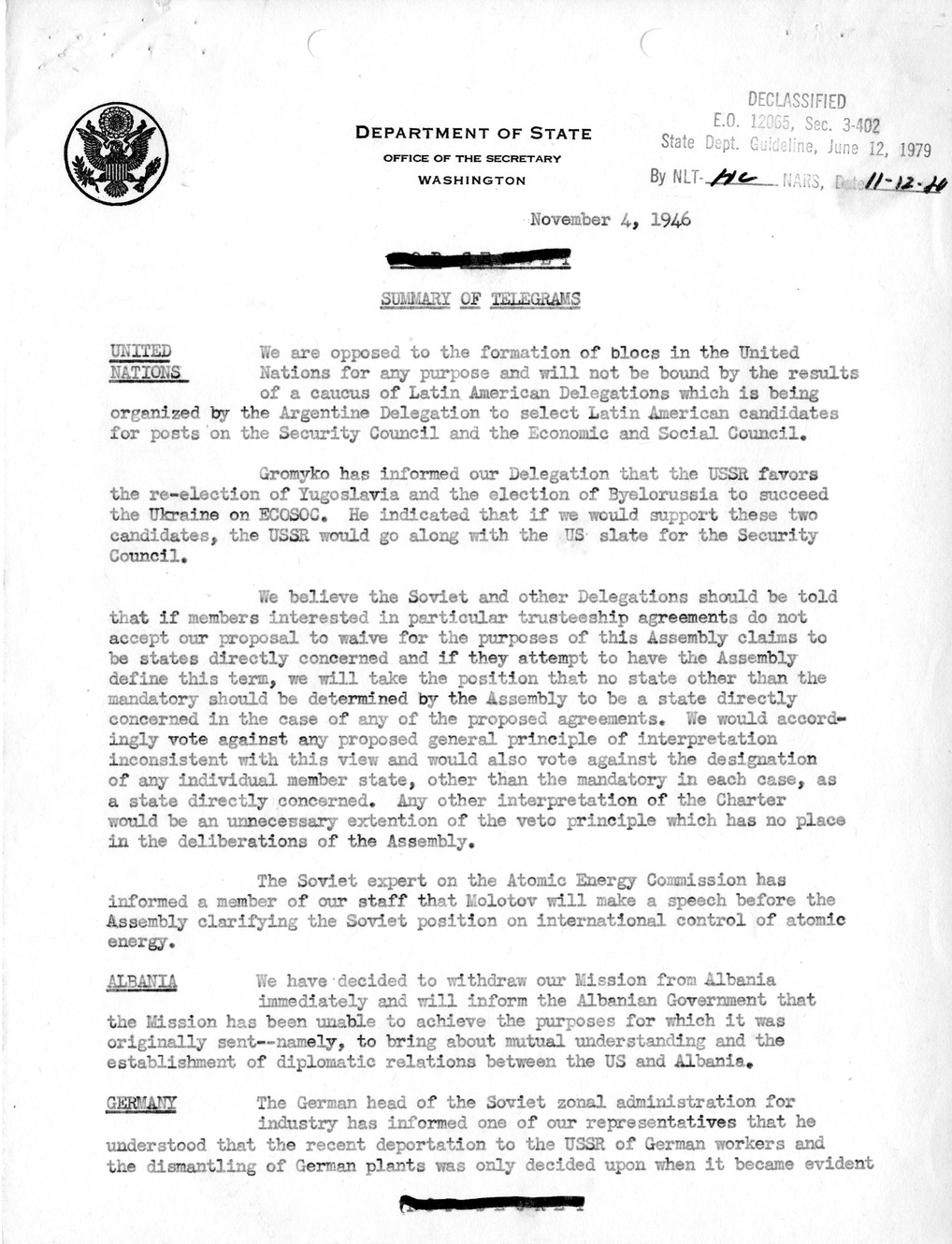 Memorandum, Department of State Summary of Telegrams