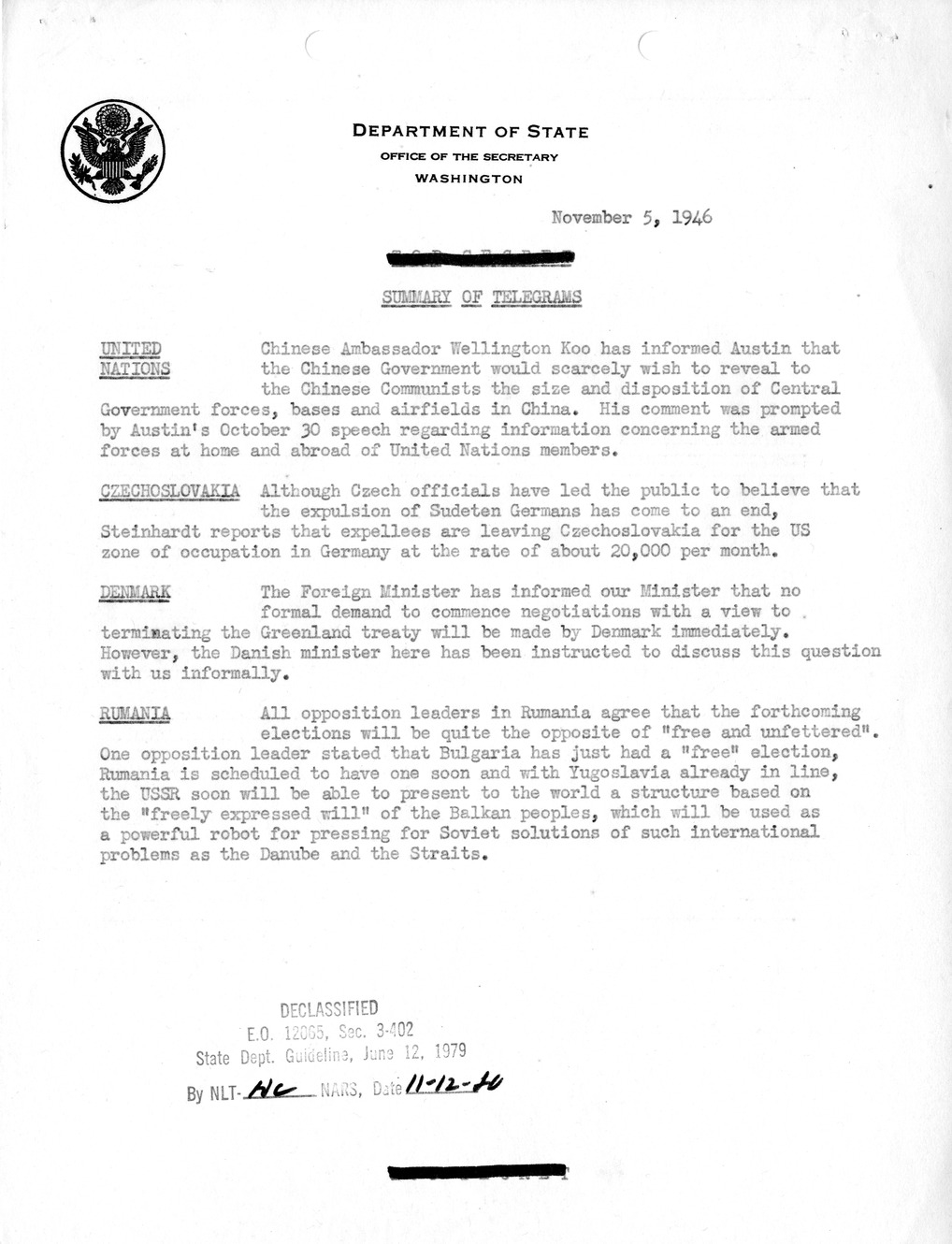 Memorandum, Department of State Summary of Telegrams