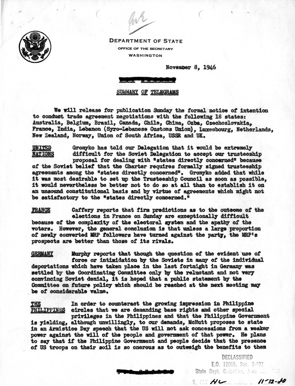 Memorandum, Department of State Summary of Telegrams