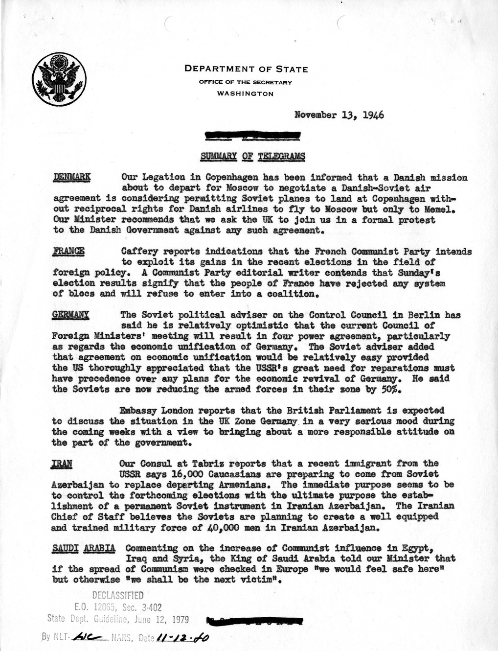Memorandum, Department of State Summary of Telegrams