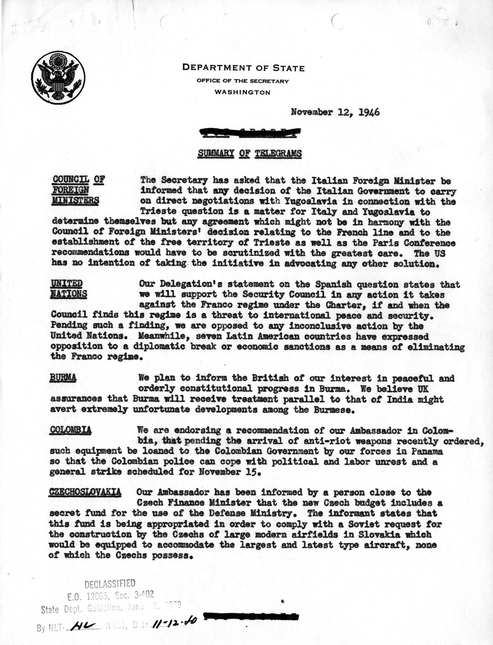 Memorandum, Department of State Summary of Telegrams