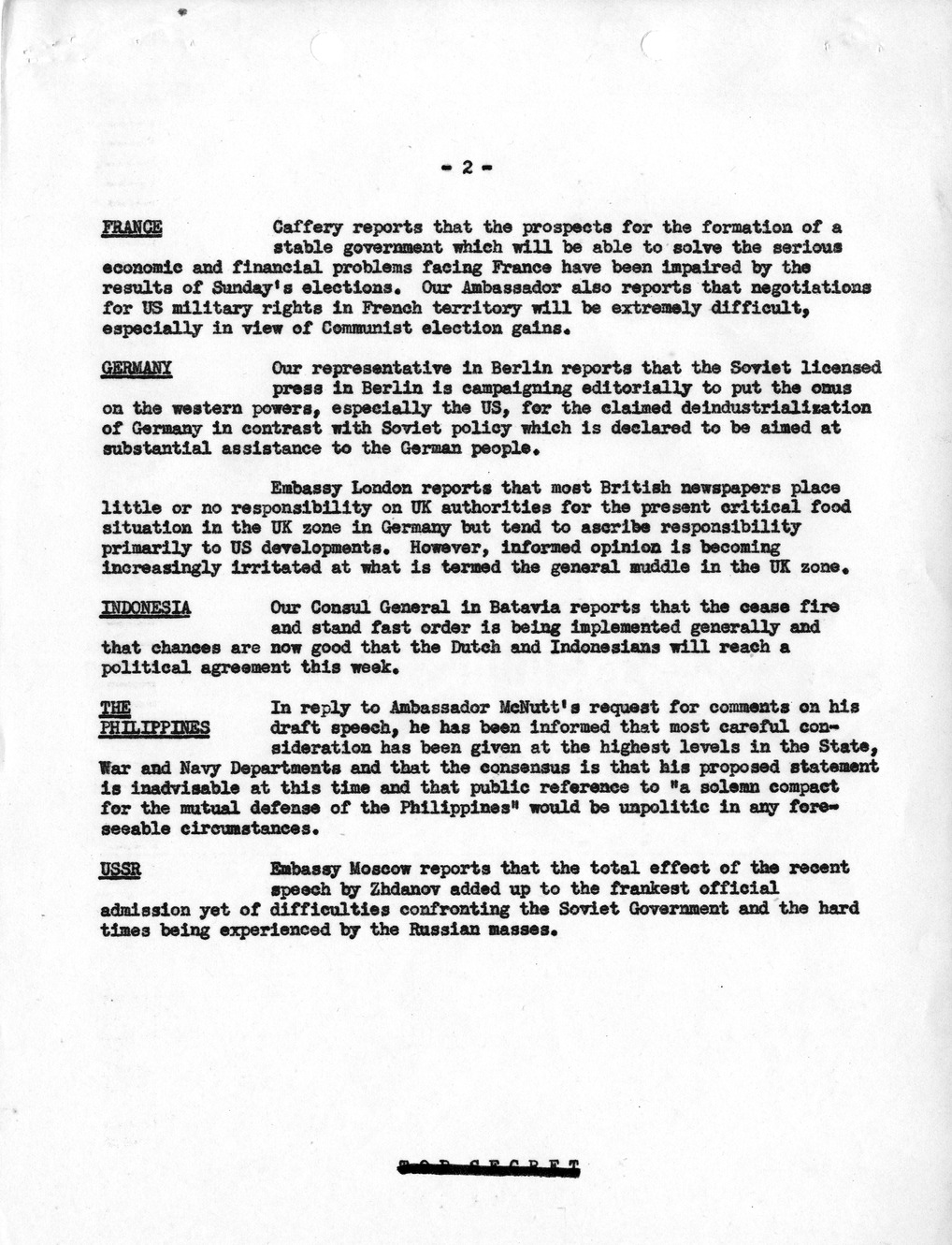 Memorandum, Department of State Summary of Telegrams