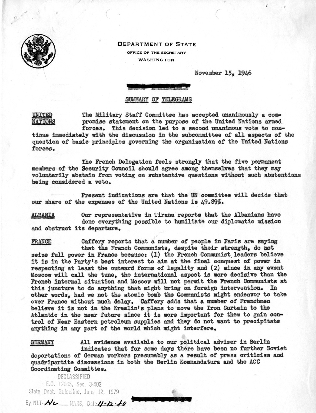 Memorandum, Department of State Summary of Telegrams