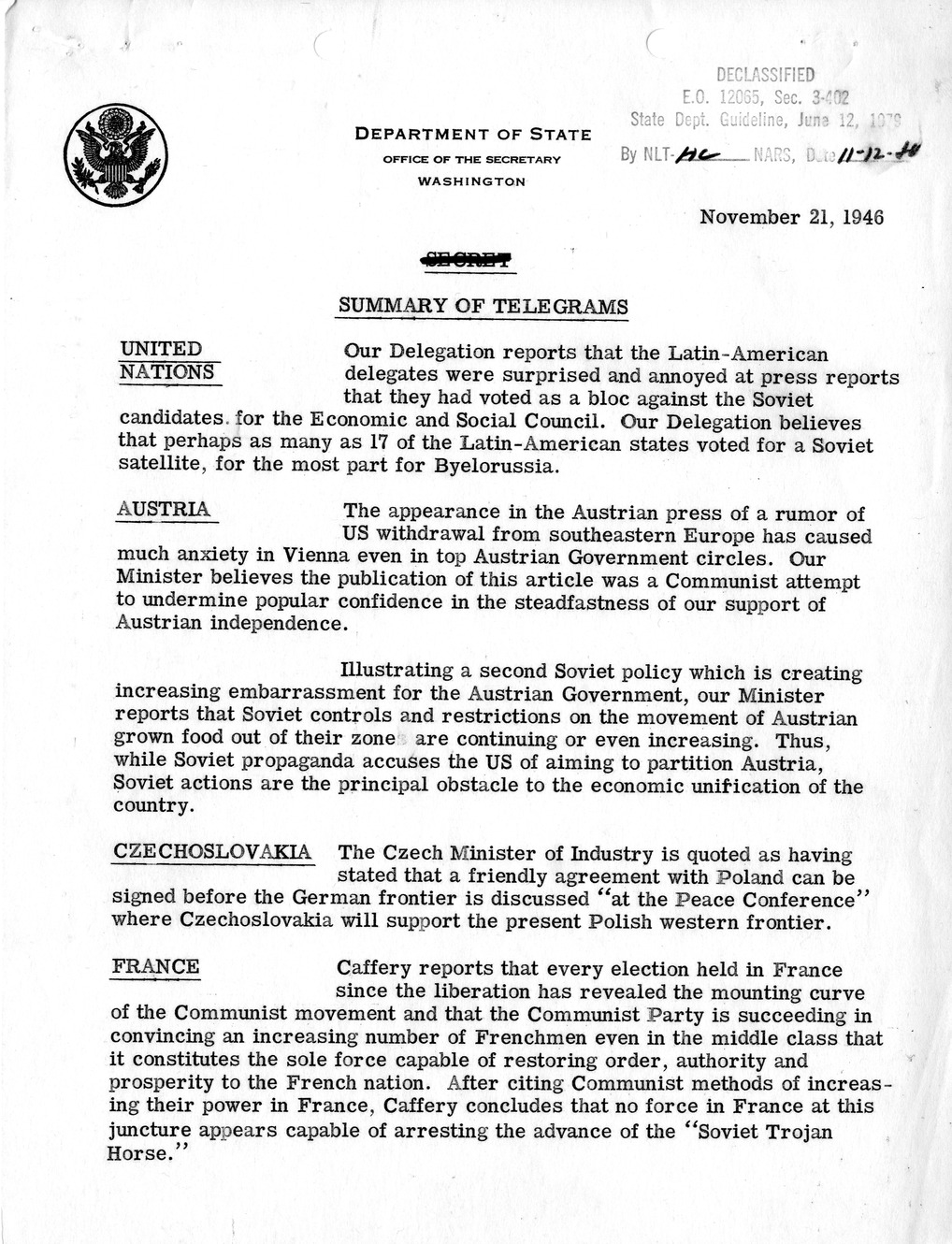 Memorandum, Department of State Summary of Telegrams