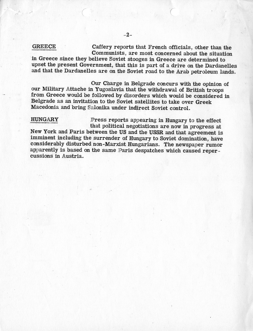 Memorandum, Department of State Summary of Telegrams