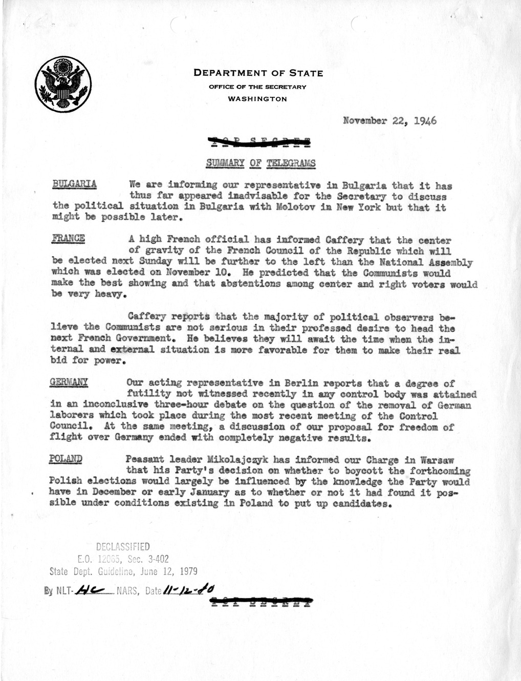 Memorandum, Department of State Summary of Telegrams
