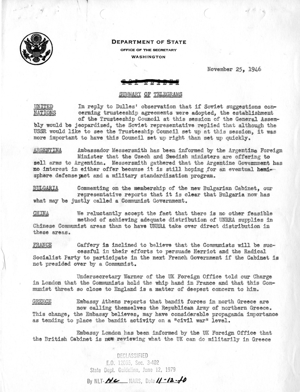Memorandum, Department of State Summary of Telegrams