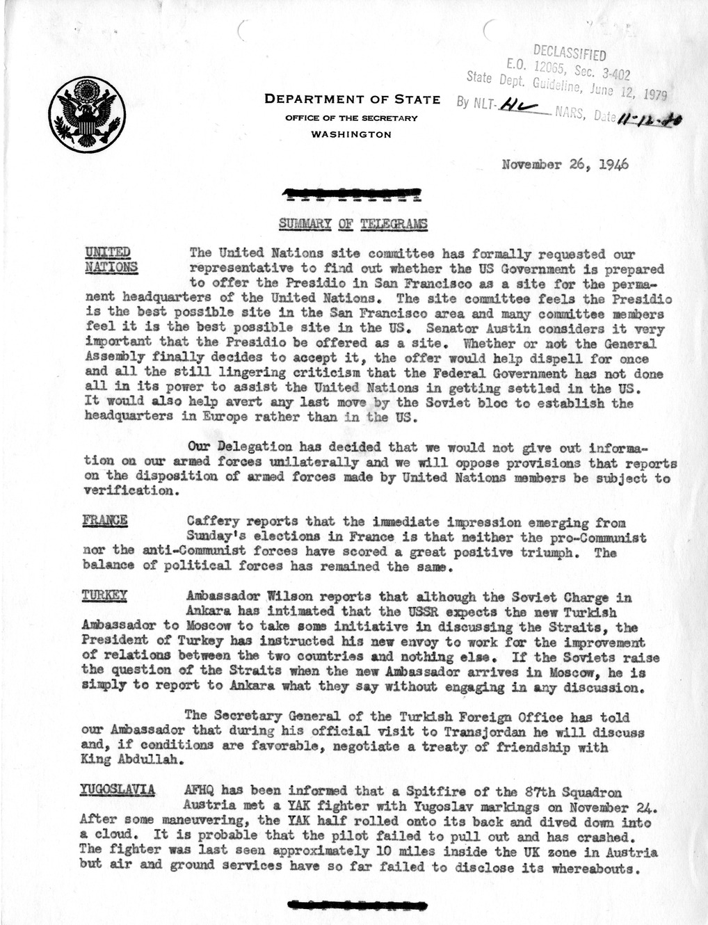 Memorandum, Department of State Summary of Telegrams
