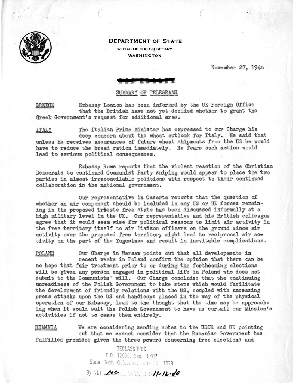 Memorandum, Department of State Summary of Telegrams