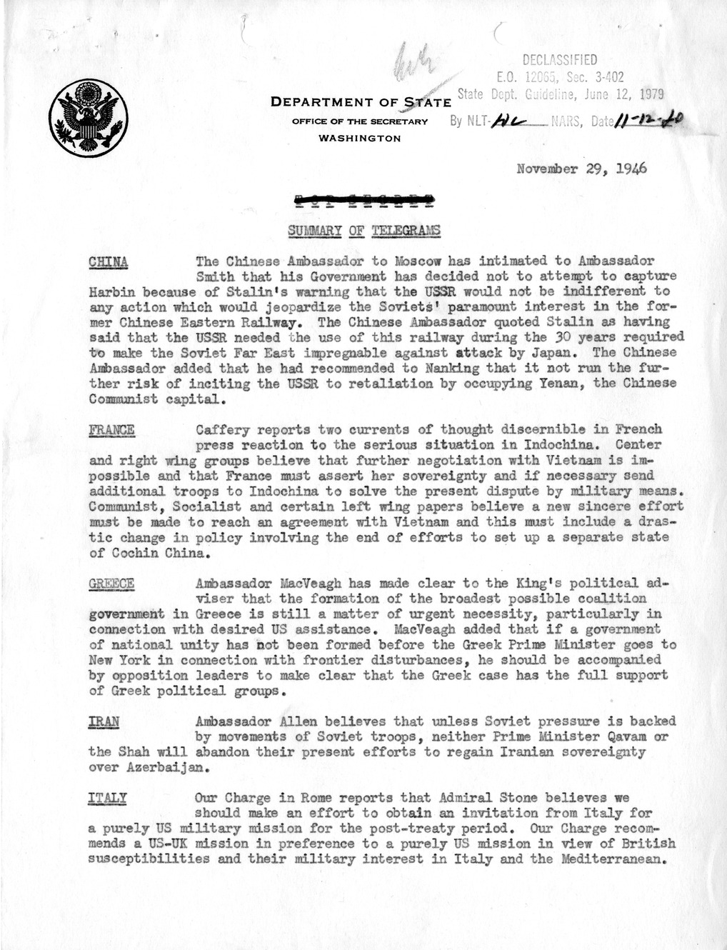 Memorandum, Department of State Summary of Telegrams