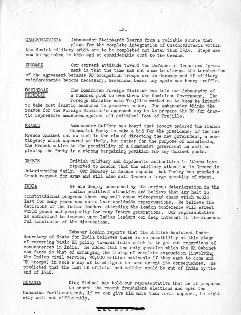 Memorandum, Department of State Summary of Telegrams