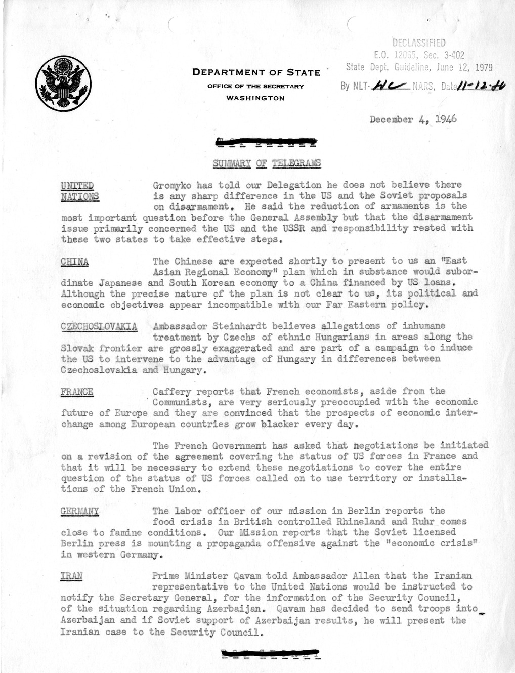 Memorandum, Department of State Summary of Telegrams