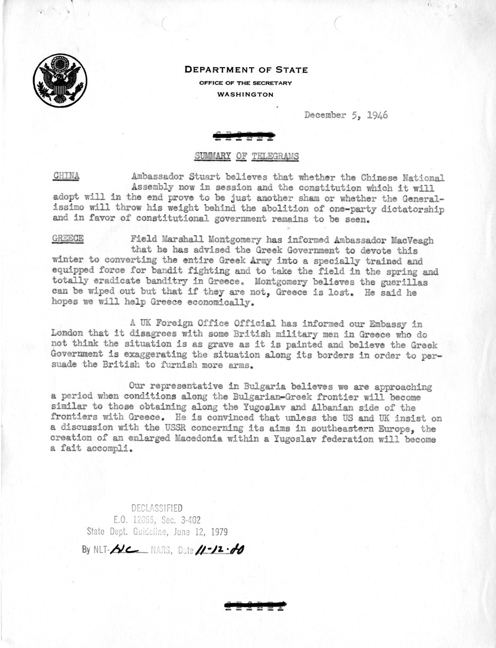 Memorandum, Department of State Summary of Telegrams