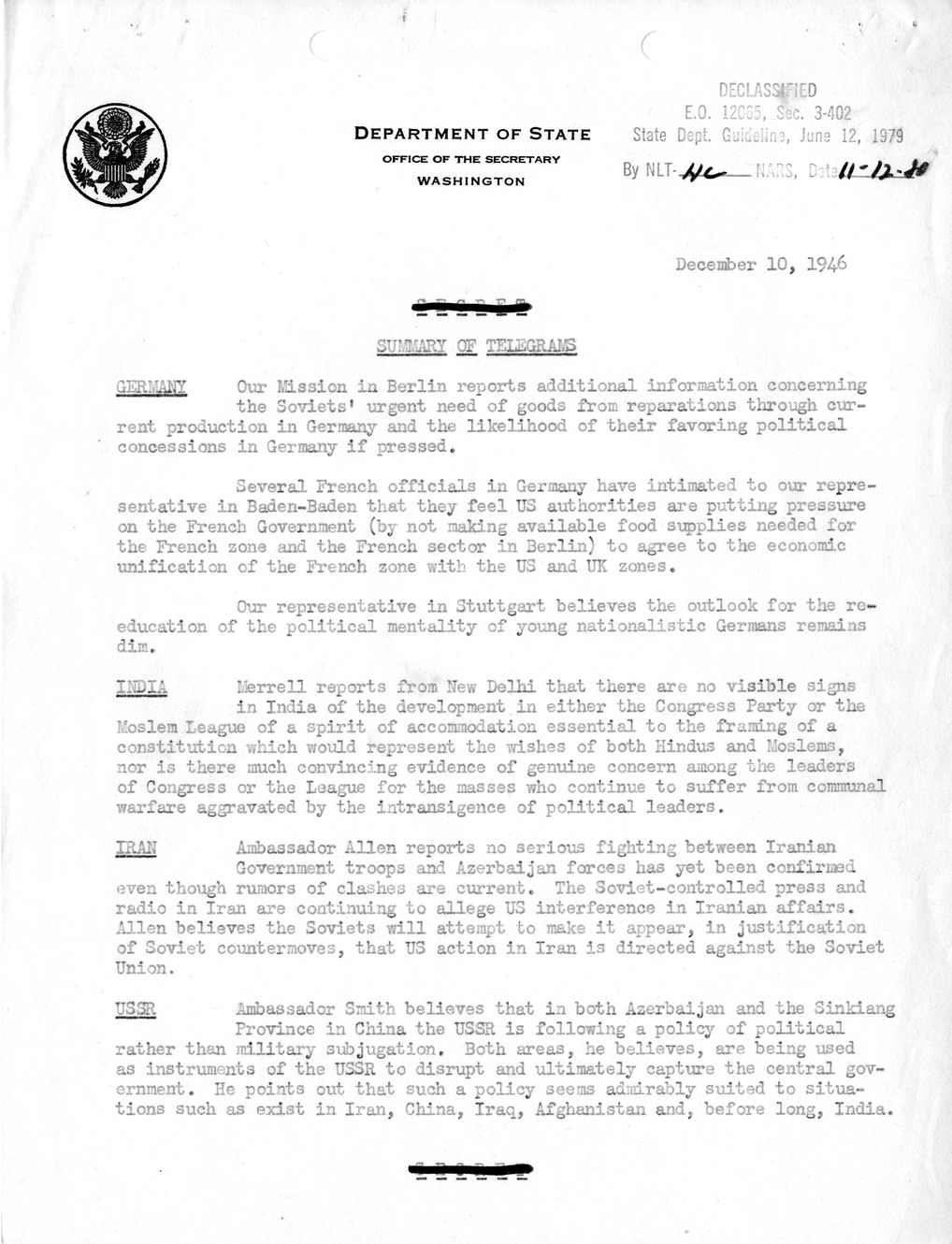 Memorandum, Department of State Summary of Telegrams