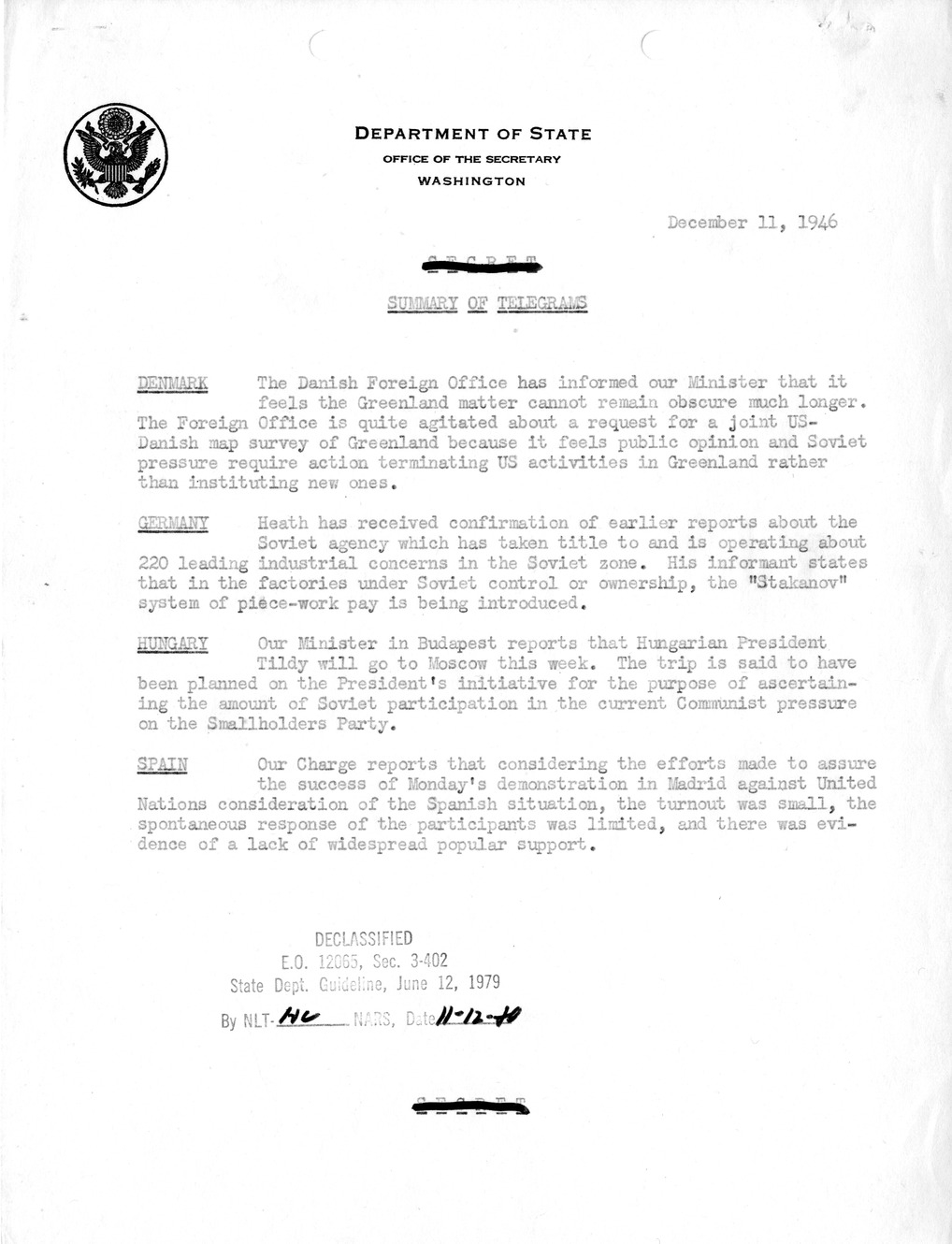 Memorandum, Department of State Summary of Telegrams