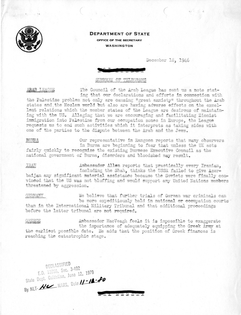 Memorandum, Department of State Summary of Telegrams