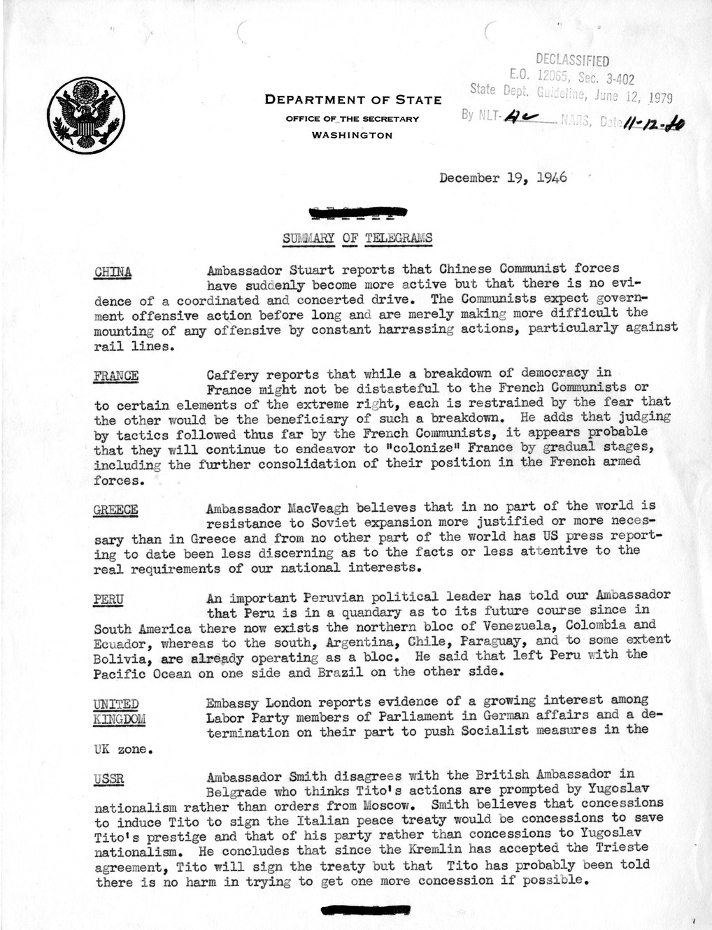 Memorandum, Department of State Summary of Telegrams