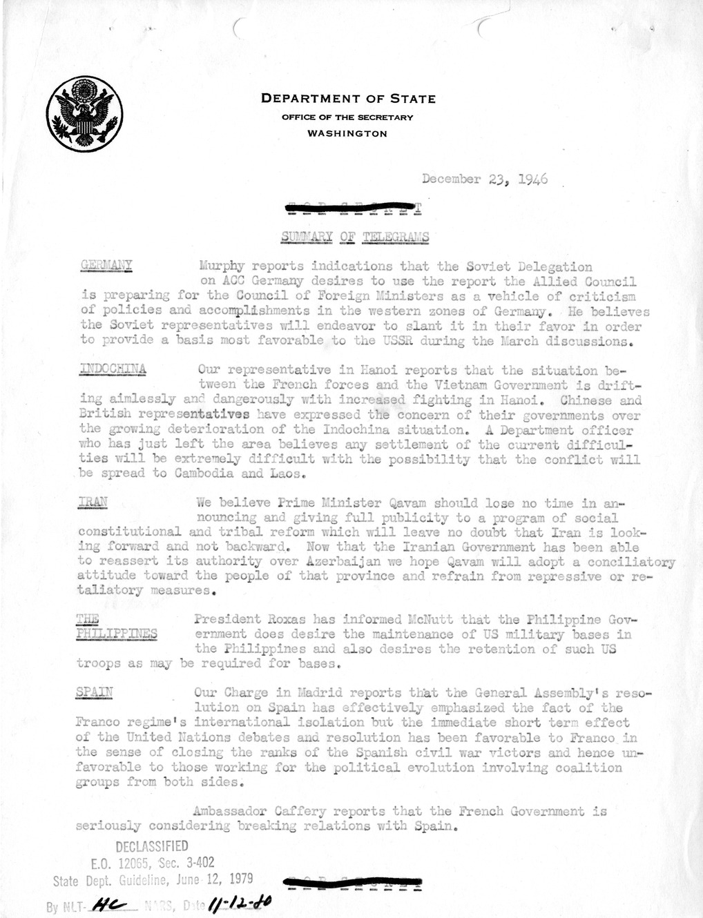 Memorandum, Department of State Summary of Telegrams