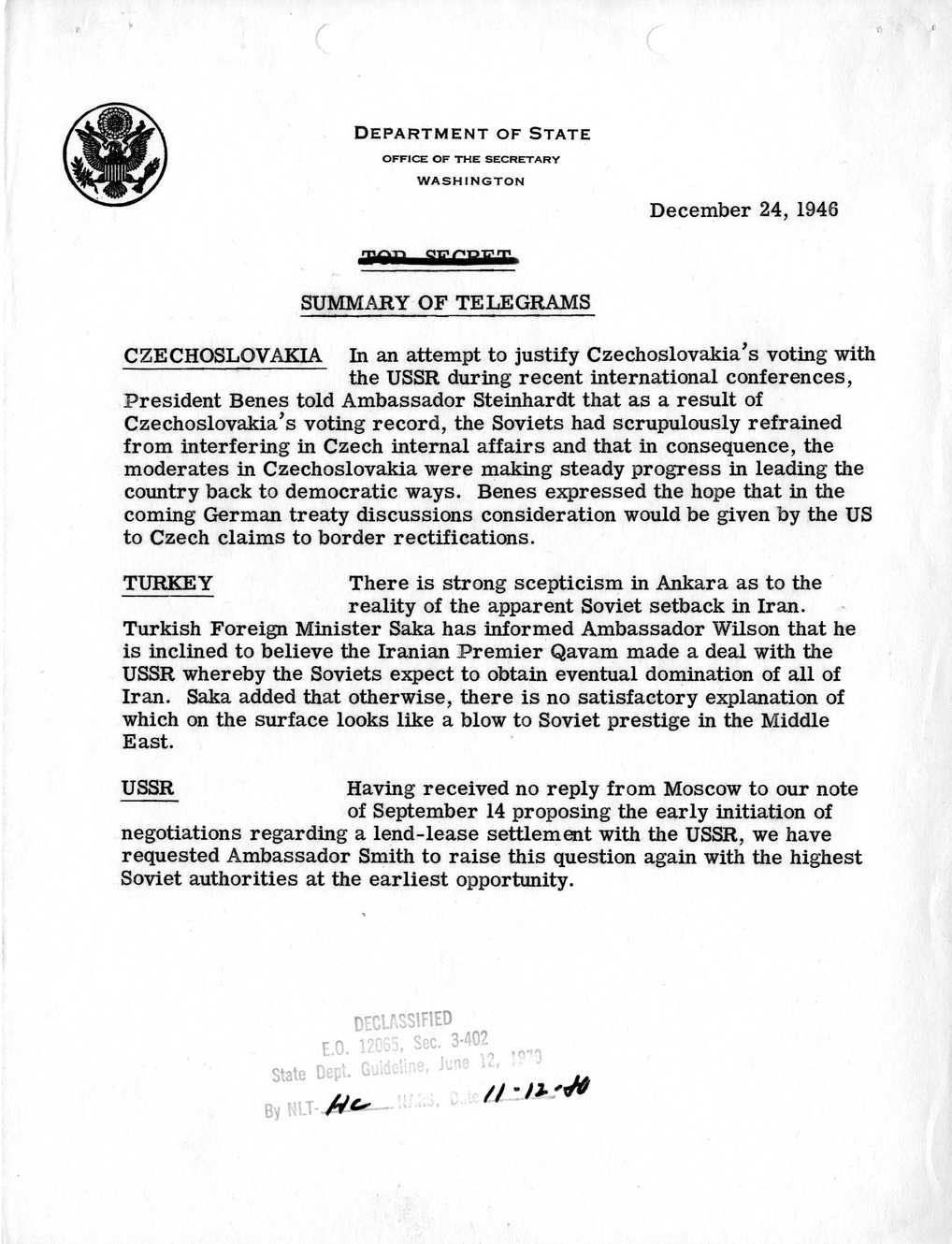 Memorandum, Department of State Summary of Telegrams