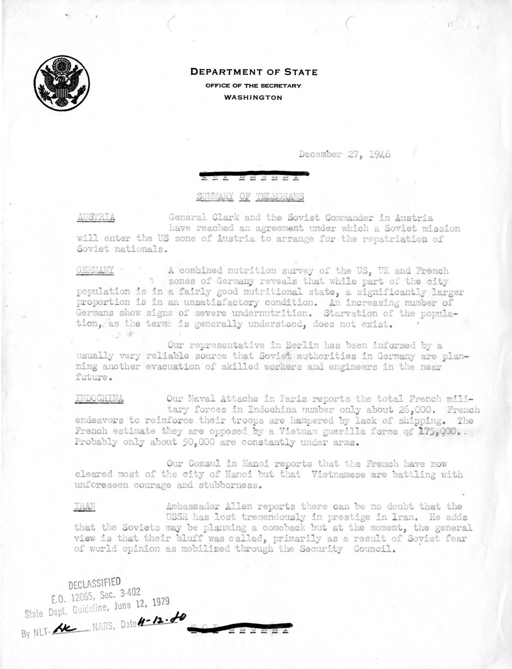 Memorandum, Department of State Summary of Telegrams