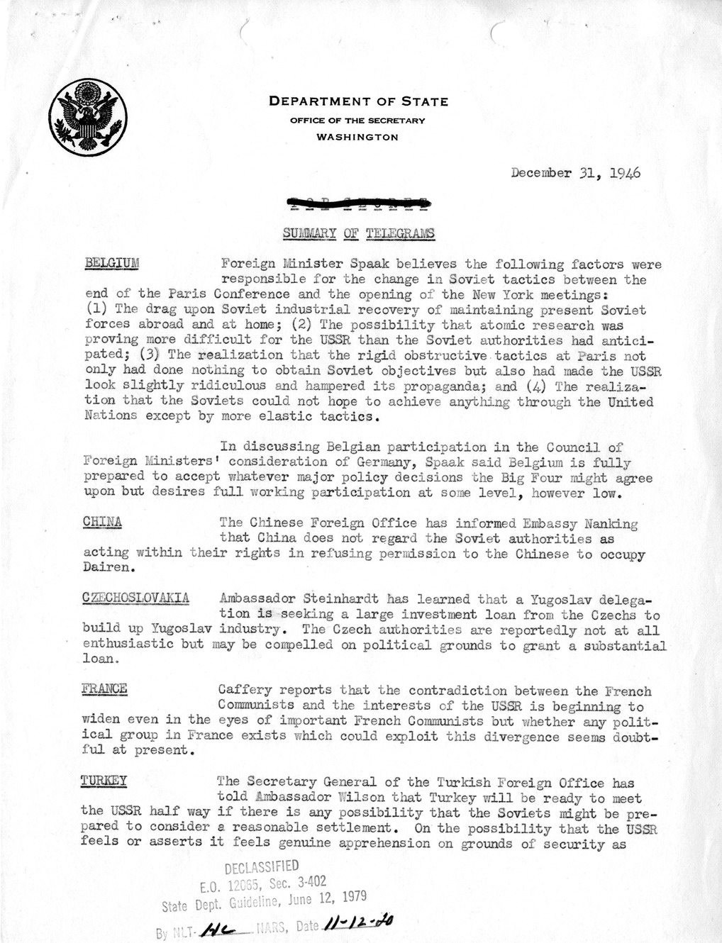 Memorandum, Department of State Summary of Telegrams