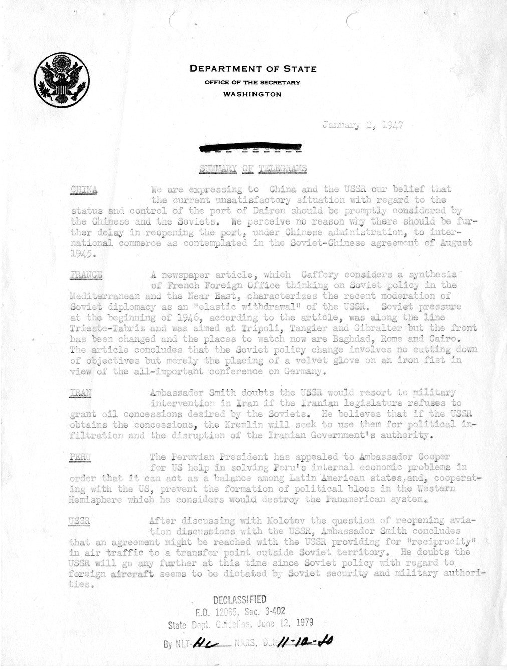Memorandum, Department of State Summary of Telegrams