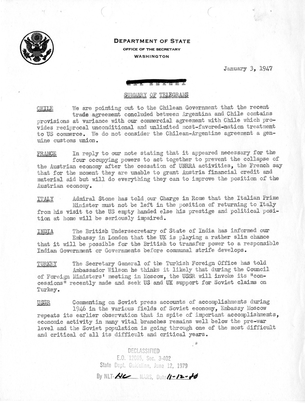 Memorandum, State Department Summary of Telegrams