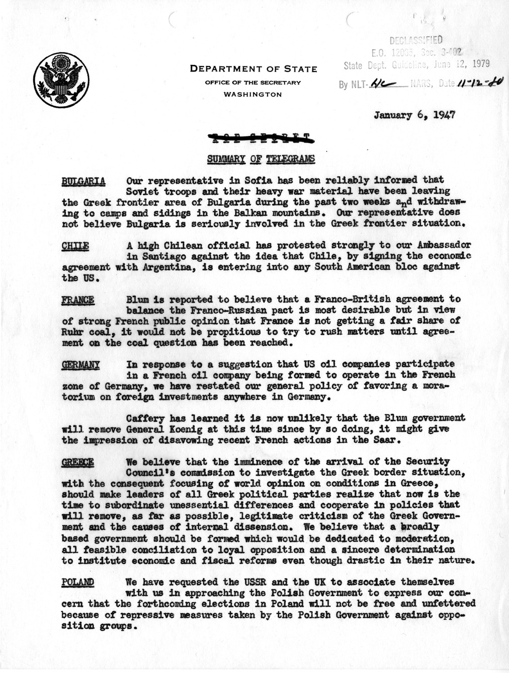 Memorandum, State Department Summary of Telegrams