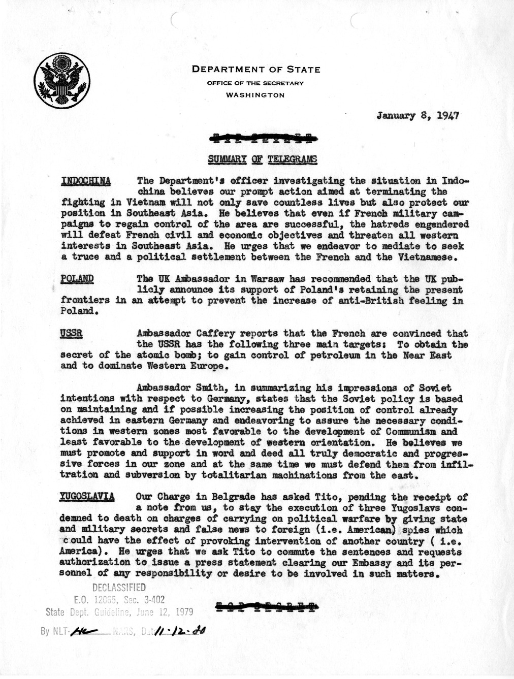 Memorandum, State Department Summary of Telegrams