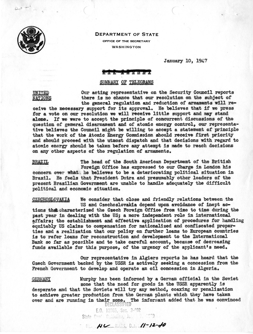 Memorandum, State Department Summary of Telegrams