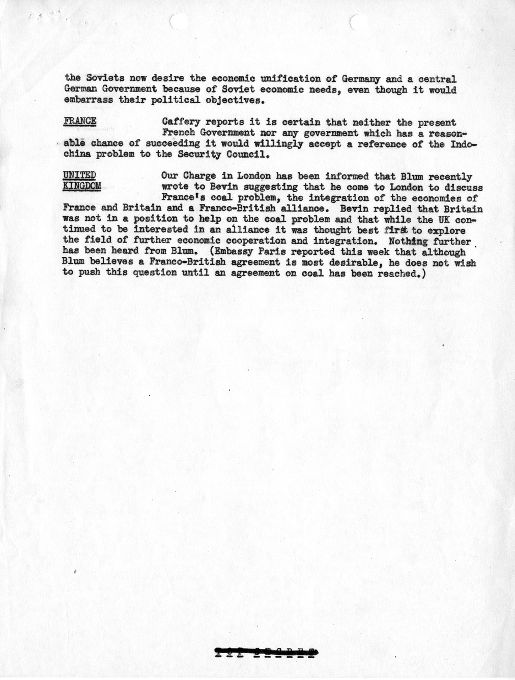 Memorandum, State Department Summary of Telegrams