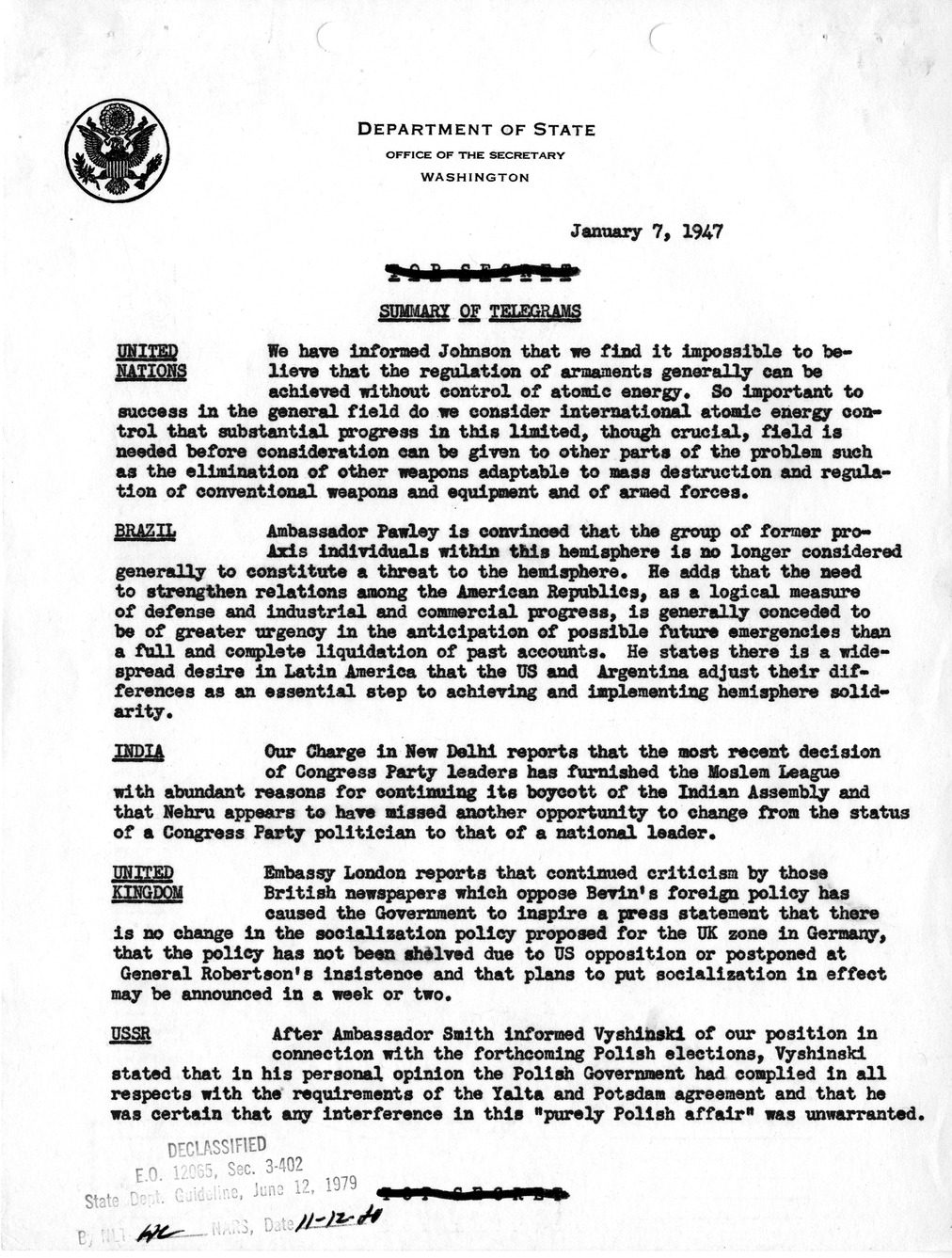 Memorandum, State Department Summary of Telegrams