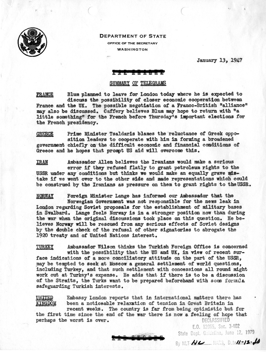 Memorandum, Department of State Summary of Telegrams