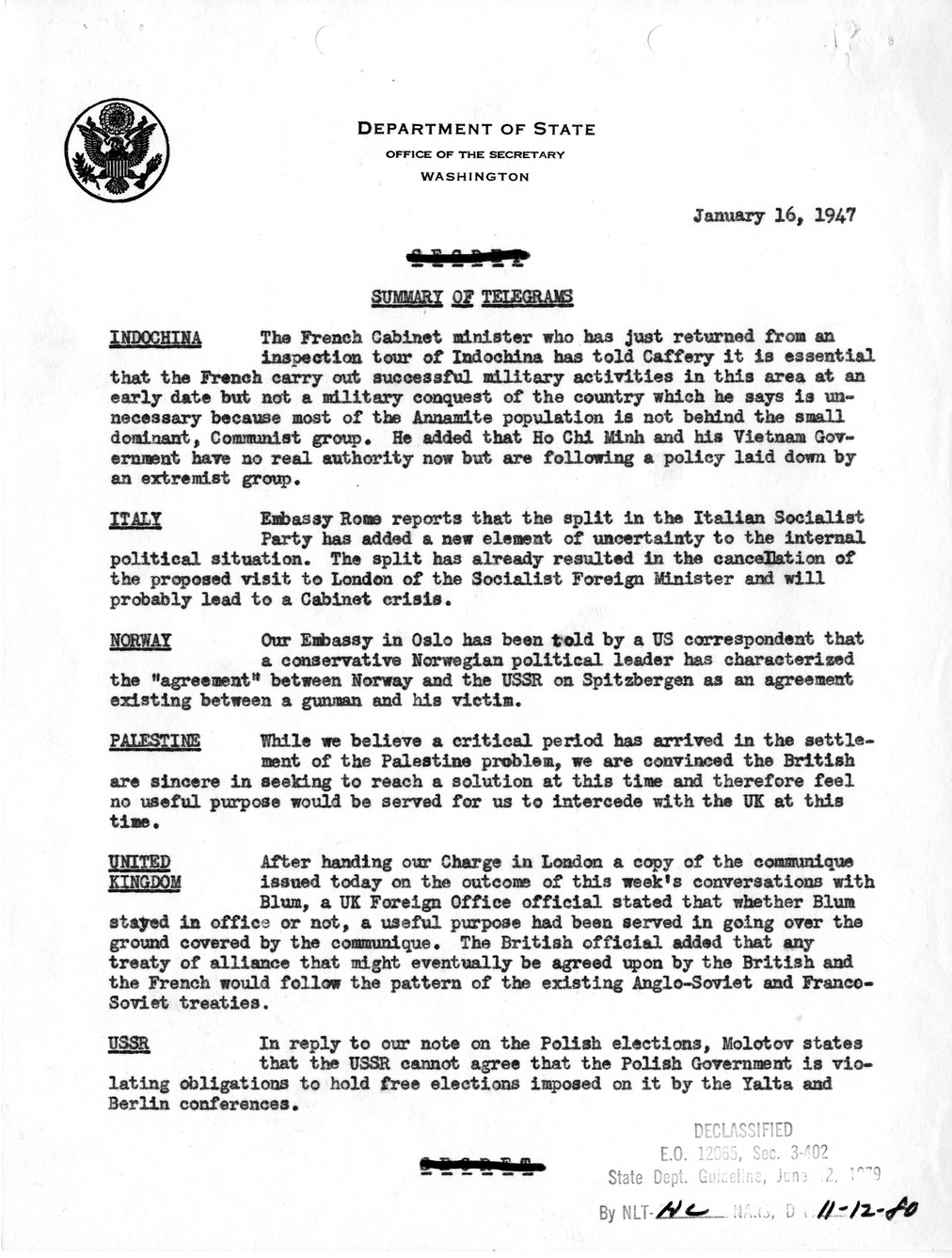 Memorandum, Department of State Summary of Telegrams