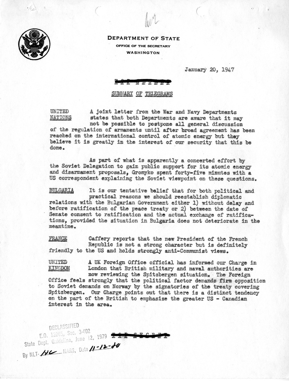 Memorandum, State Department Summary of Telegrams