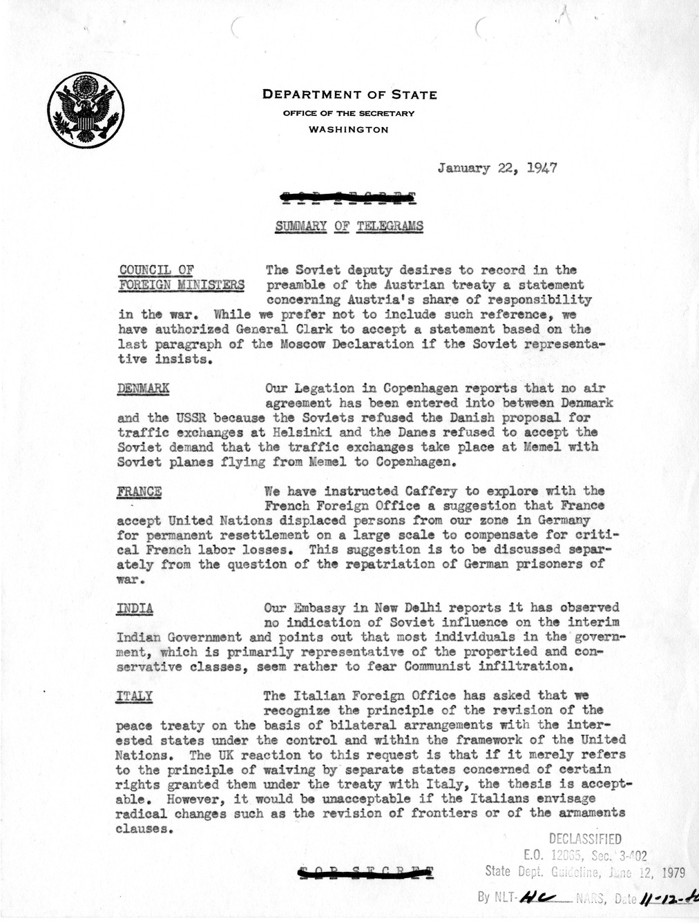 Memorandum, Department of State Summary of Telegrams