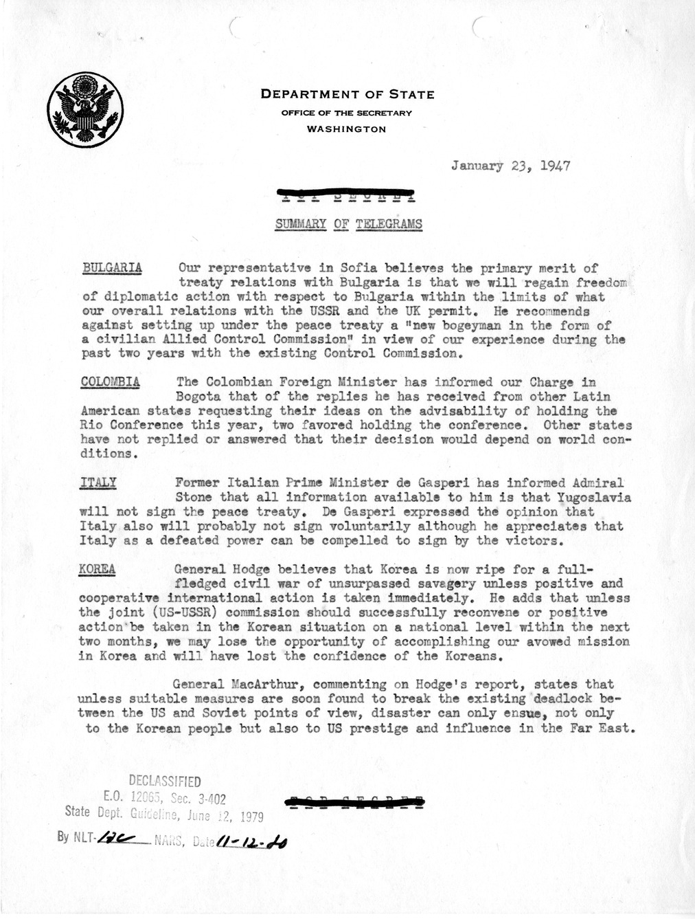 Memorandum, Department of State Summary of Telegrams