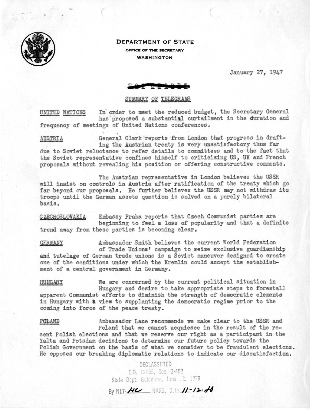 Memorandum, Department of State Summary of Telegrams