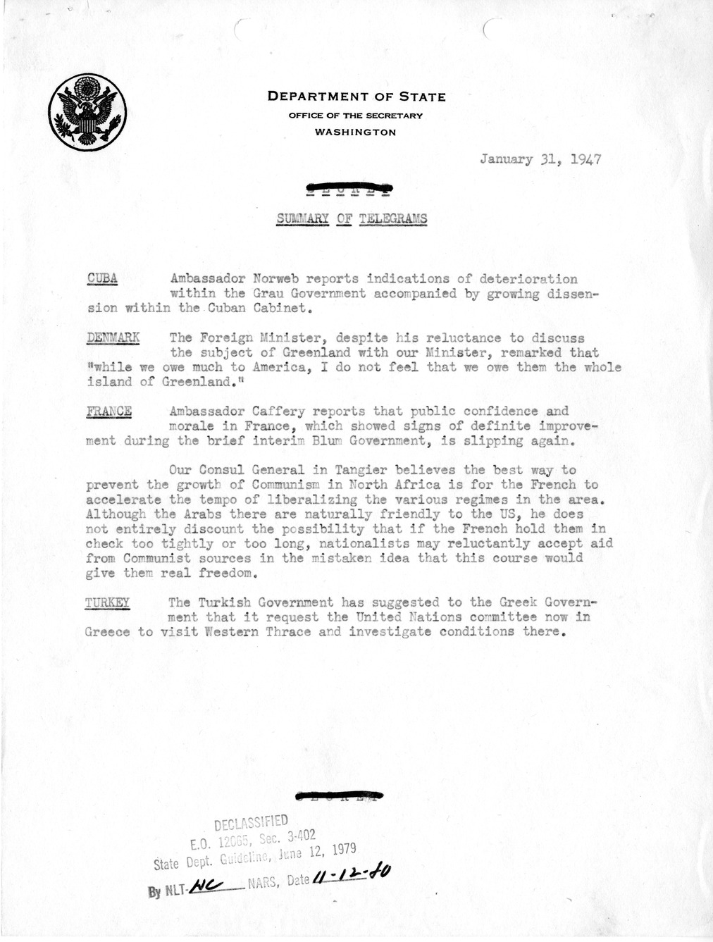 Memorandum, Department of State Summary of Telegrams