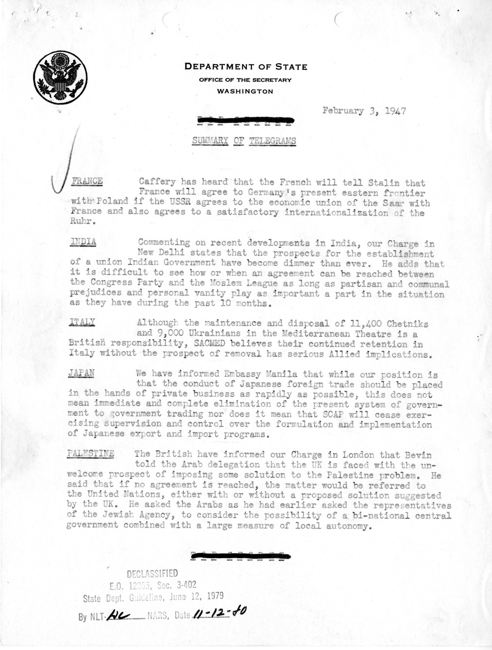 Memorandum, State Department Summary of Telegrams