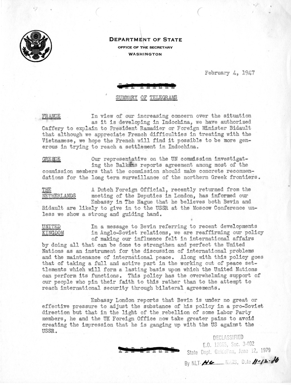 Memorandum, Department of State Summary of Telegrams