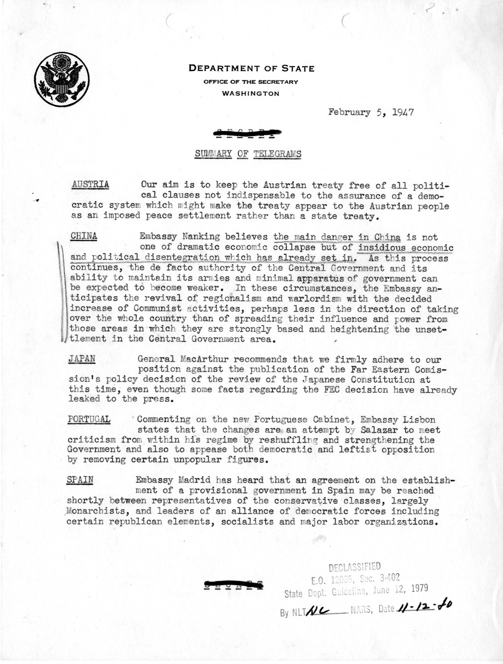 Memorandum, Department of State Summary of Telegrams