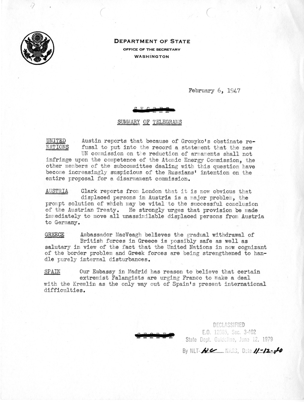 Memorandum, State Department Summary of Telegrams