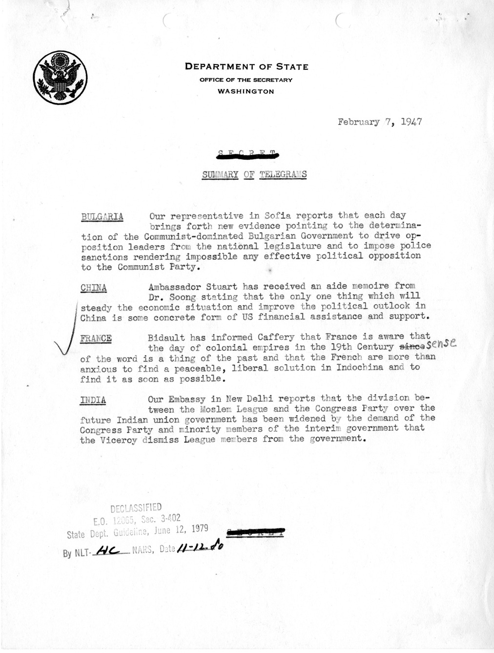 Memorandum, Department of State Summary of Telegrams